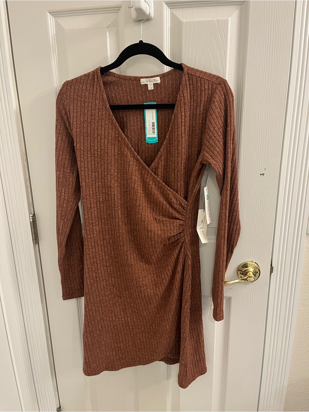 nine britton Ribbed Wrap Long Sleeve Dress in Rust